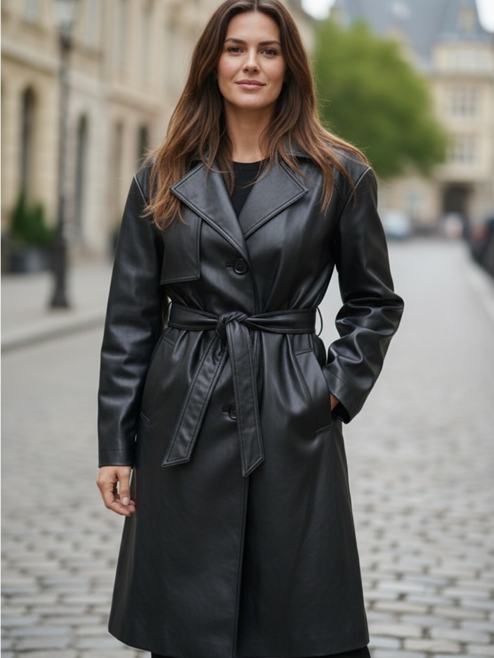 Tahari Black 100% Genuine Leather Trench Coat Belted XXL. Like New!